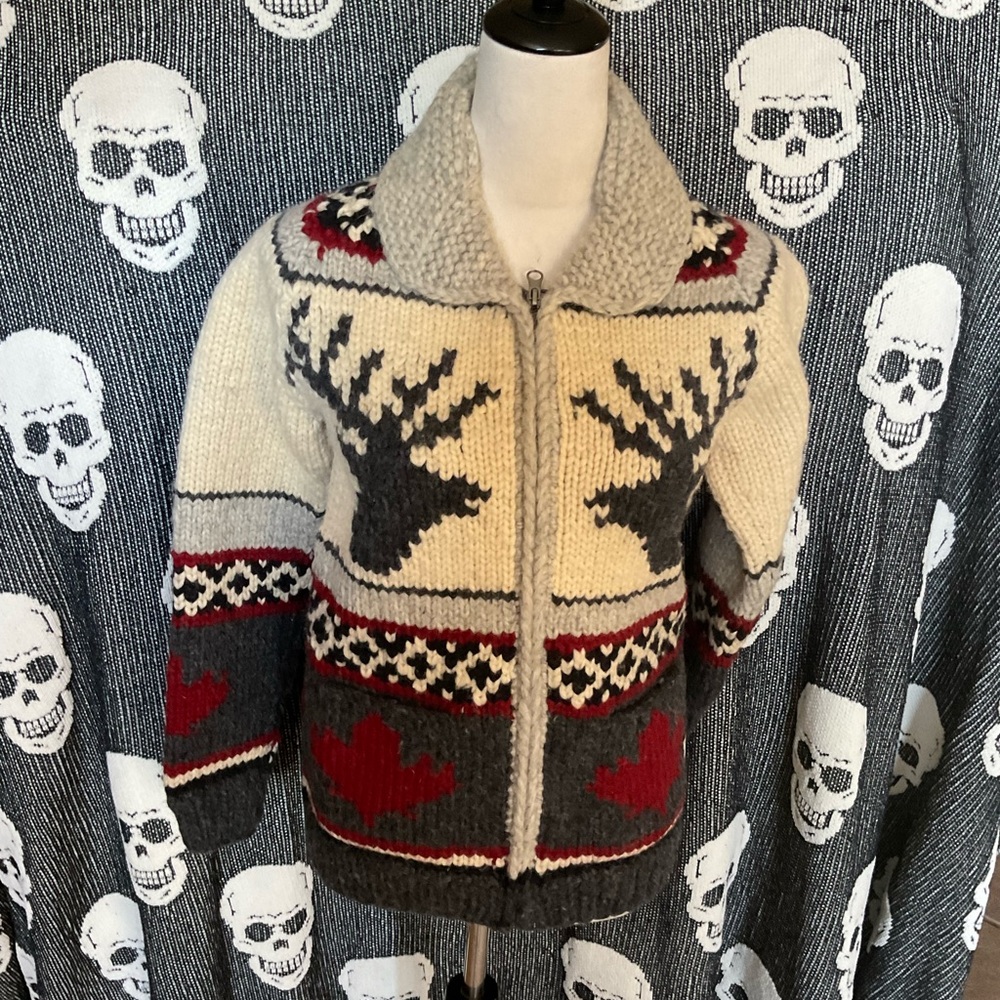 Chunky Zip-Up Reindeer Pattern Sweater Jacket - Cream, Gray & Red